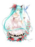  aqua_eyes aqua_hair bad_id bird bracelet colored_eyelashes dress flower hatsune_miku highres jewelry long_hair lyodi rose simple_background smile solo thigh-highs thighhighs twintails very_long_hair vocaloid world_is_mine_(vocaloid) 