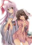  animal_ears bloom blush brown_hair bunny_ears glint hands_together highres inaba_tewi japanese_clothes jewelry jpeg_artifacts kimono long_hair multiple_girls nenekoneko open_mouth purple_hair red_eyes reisen_udongein_inaba ring sack short_hair smile sparkle touhou yukata 