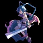  black_background blue_hair boy disgaea harada_takehito jewelry laharl long_hair male official_art pendant pointy_ears red_eyes scarf solo sword weapon 