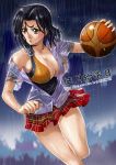  basketball black_hair blue_eyes breasts cleavage collarbone ge_xi highres large_breasts original rain school_uniform shirt skirt solo wet wet_clothes wet_shirt yellow_eyes 