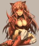  armor bad_id black_legwear breasts cat_ears cleavage cleavage_cutout gauntlets greaves guillotine_cross large_breasts long_hair open_mouth osoba_(bpns) pink_hair pointing ragnarok_online red_eyes simple_background sitting solo sweatdrop thigh-highs thighhighs 