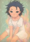  black_hair blue_eyes copyright_request dress face frown highres lichty messy_hair short_hair sitting solo white_dress 
