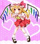  ascot bad_hands blonde_hair blush bobby_socks cat_pose child dress flandre_scarlet hat heart highres mary_janes open_mouth paw_pose physalis red_dress red_eyes shirt shoes side_ponytail socks solo the_embodiment_of_scarlet_devil touhou white_legwear wings 