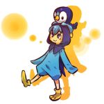  1girl blue_hair blush_stickers cosplay hair hitec hood human looking_up male moemon on_head personification piplup pokemon pokemon_(creature) pokemon_(game) pokemon_dppt sleeves_past_wrists smile walking 