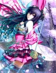  aoi_subaru black_hair cherry_blossoms garters hair_ornament hand_on_own_chest hand_to_chest hexagon highres japanese_clothes lips long_hair looking_at_viewer oichi oichi_(sengoku_taisen) petals purple_eyes rapier sengoku_taisen skirt solo sword thigh-highs thighhighs violet_eyes weapon 