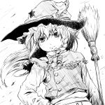  braid broom broom_riding bust capelet hat kirisame_marisa long_hair monochrome solo tatsuya_(atelier_road) touhou witch witch_hat 