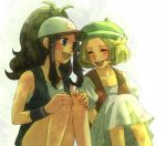  2girls :d bad_id bel_(pokemon) bell_(pokemon) blonde_hair blush brown_hair closed_eyes friends hat kaketa laughing multiple_girls no_legwear open_mouth pokemon pokemon_(game) pokemon_black_and_white pokemon_bw sitting smile touko_(pokemon) vest wristband 