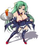  angel_mort breasts collar cross-laced_footwear detached_collar detached_sleeves drink foreshortening green_eyes green_hair hair_ribbon higurashi_no_naku_koro_ni large_breasts long_hair looking_at_viewer red_shoes ribbon shadow shoes simple_background smile solo sonozaki_shion standing straw thigh-highs thighhighs tray waitress 