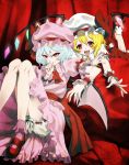  :d ascot bat_wings blonde_hair bloomers blue_hair bobby_socks cozy fang flandre_scarlet footwear frills grin hands hat highres legs lying mary_janes multiple_girls nail_polish on_stomach open_mouth outstretched_arm red_eyes remilia_scarlet shoes short_hair siblings sisters sitting smile socks touhou wings wrist_cuffs 