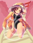  blush breasts brown_eyes brown_hair cabbie_hat cleavage competition_swimsuit hat holding holding_hat jacket_on_shoulders kneeling koflif monogatari_(series) one-piece_swimsuit sengoku_nadeko short_hair solo stairs swimsuit swimsuit_under_clothes torii 