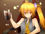  armchair bare_shoulders blonde_hair chair cup drink holding ice magu_(mugsfc) necktie side_ponytail sitting smile soda solo star vocaloid yellow_eyes 