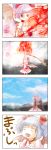  4koma =_= alternate_costume alternate_hairstyle bat_wings bow bow_(weapon) check_translation comic cosplay fang flower hair_ornament highres kaname_madoka kaname_madoka_(cosplay) large_wings mahou_shoujo_madoka_magica remilia_scarlet ribbon rose spear_the_gungnir tako touhou translated weapon wings 