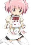  c_(neta) face_stretching hair_ribbon kaname_madoka kneeling kyubey mahou_shoujo_madoka_magica red_eyes ribbon school_uniform short_twintails thigh-highs thighhighs twintails zettai_ryouiki 