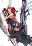  armor ass bare_shoulders beatless black_legwear boots breasts from_behind grin highres kouka_(beatless) long_hair looking_back mecha_musume original red_eyes red_hair redhead redjuice revised revision science_fiction sideboob simple_background smile solo straddle thigh_boots thighhighs 