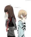  anakris back-to-back blonde_hair blush braid brown_hair cellphone closed_eyes english eyes_closed hayate_(anakris) hikari_(anakris) long_hair multiple_girls necktie original phone profile red_eyes short_hair simple_background yuri 