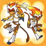  1boy belt cosplay gloves grin hair hitec human infernape long_hair male moemon personification pokemon pokemon_(creature) pokemon_(game) pokemon_dppt shorts smile tail 