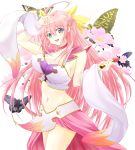  :d ahoge arm_up bangs blue_eyes blush bow breasts butterfly choker choukaku cleavage crop_top detached_sleeves flower gem gradient hair_bow highres hips holding koihime_musou large_breasts long_hair long_sleeves looking_at_viewer lowleg midriff mound_of_venus navel open_mouth pink_hair ryou.r shin_koihime_musou sideboob simple_background skirt smile solo standing taut_shirt v very_long_hair wide_hips 