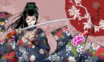  black_hair breasts character_request cleavage flower japanese_clothes katana pili_budaixi signature solo sword weapon 
