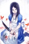  alice alice_(wonderland) alice_in_wonderland american_mcgee&#039;s_alice american_mcgee's_alice black_hair blood brown_hair butterfly dress green_eyes highres knife lack long_hair smile solo 