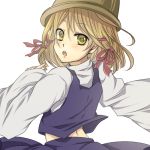  :o amese_hiyori blonde_hair hair_ornament hair_ribbon hat looking_at_viewer looking_back lowres moriya_suwako ribbon short_hair solo touhou wide_sleeves yellow_eyes 