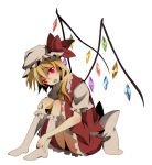  ascot bad_id blonde_hair bobby_socks bow flandre_scarlet footwear frills glowing glowing_eyes hat hat_bow head_tilt highres kako11 looking_at_viewer no_shoes open_mouth petticoat puffy_sleeves red_eyes shirt side_ponytail simple_background sitting skirt socks solo the_embodiment_of_scarlet_devil touhou white_legwear wings 