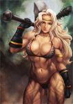  amazon_(dragon&#039;s_crown) amazon_(dragon's_crown) armlet armor artarchanime axe bikini_armor blonde_hair breasts circlet dragon&#039;s_crown dragon's_crown feathers gloves green_eyes highres lips long_hair muscle realistic solo tattoo weapon 