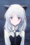  adult animal_ears blue_eyes bust cat_ears commentary grey_hair necktie portrait sanya_v_litvyak shimada_fumikane snow snowing solo strike_witches winter 