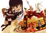  armor ass black_legwear bow brown_hair chocolate coffee drooling eating food fork fruit girl_in_food hair_bow hat highres in_food knife kokudou_juunigou minigirl multiple_girls original pancake plate ponytail raspberry simple_background skindentation strawberry sword syrup thigh-highs thighhighs twintails weapon whipped_cream 