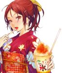  blush brown_eyes brown_hair cup food hair_ornament hairclip japanese_clothes kimono nail_polish obi open_mouth original ponytail red_hair redjuice ribbon shaved_ice simple_background solo straw sweat tongue translated 