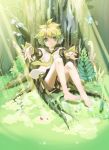  barefoot blonde_hair butterfly dragonfly feet flower green_eyes headphones hekicha highres kagamine_len necktie outstretched_arms outstretched_hand plant sitting smile solo tree vocaloid 