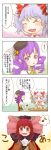 3girls 4koma alternate_costume alternate_hairstyle chair charlotte_(madoka_magica) charlotte_(madoka_magica)_(cosplay) check_translation comic cosplay cup drill_hair face fang hair_ornament hairband hands_on_own_cheeks hands_on_own_face highres kaname_madoka kaname_madoka_(cosplay) koa_(phrase) koakuma mahou_shoujo_madoka_magica multiple_girls musical_note no_hat no_headwear patchouli_knowledge purple_eyes purple_hair remilia_scarlet ribbon smile spoken_musical_note tako teacup teapot the_embodiment_of_scarlet_devil tomoe_mami tomoe_mami_(cosplay) touhou translated violet_eyes wings 