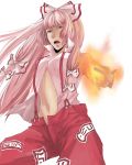  bad_id bow colored_eyelashes fire fujiwara_no_mokou hair_bow long_hair midriff navel open_clothes open_mouth open_shirt pants pink_hair red_eyes shirt solo suspenders touhou unbuttoned vestal-doll white_hair white_shirt 