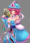  absurdres adapted_costume bare_shoulders breasts cleavage detached_sleeves embellished_costume fan folding_fan hat highres huge_breasts japanese_clothes pink_eyes pink_hair saigyouji_yuyuko short_hair simple_background sleeves_past_wrists smile solo touhou wakura_(gcdan) 