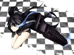  arm_cannon black_hair black_rock_shooter black_rock_shooter_(character) blue_eyes checkered from_above glowing glowing_eyes ikuichi long_hair serious shorts solo thighs toromera twintails weapon zipper 