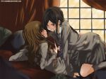  anakris bed black_hair blush brown_hair cardigan cho_chang eye_contact girl_on_top harry_potter hermione_granger long_hair looking_at_another multiple_girls necktie school_uniform smile wand watermark web_address window yuri 