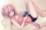  bare_shoulders barefoot bespectacled blue_eyes book couch derivative_work glasses hand_behind_head highres long_hair looking_at_viewer lying megurine_luka on_back pink_hair pionk_hair roku_(hikokeng) settyaro short short_shorts shorts smile solo strapless very_long_hair vocaloid 