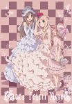  :d atelier_(series) atelier_meruru atelier_rorona atelier_totori bare_shoulders blonde_hair blue_dress blue_eyes boots bouquet brown_eyes brown_hair character_name checkered checkered_background crown dress earrings elbow_gloves flower frilled_dress frills gathers gloves hamayumiba_sou hands_clasped hands_together hat headdress height_difference high_heels jewelry long_hair merurulince_rede_arls multiple_girls necklace open_mouth pink_background pink_dress pink_hair rororina_fryxell shoes short_hair smile star thigh-highs thigh_boots thighhighs totooria_helmold wedding_dress 
