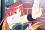  anime_coloring aqua_eyes braid bust gradient_hair green_eyes grin h-new hat highres hong_meiling long_hair looking_at_viewer multicolored_hair orange_hair outstretched_arm red_hair redhead smile solo star touhou 