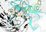  aqua_hair closed_eyes detached_sleeves eyes_closed floating_hair hatsune_miku headphones highres long_hair necktie open_mouth saihate_(artist) skirt solo thigh-highs thighhighs twintails very_long_hair vocaloid 