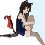  artist_request blue_eyes bow brown_hair cat_ears copyright_request leg_up long_hair one-piece_swimsuit retoruto_kanojo ribbon school_swimsuit solo swimsuit tail tail_bow tail_ribbon thigh-highs thighhighs very_long_hair 
