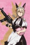  amane_suzuha animal_ears assault_rifle braid face grey_hair gun kitsunen_(kitune_n) kitunen m16 m4_carbine maid maid_headdress rifle solo steins;gate torn_clothes twin_braids weapon wink wrist_cuffs yellow_eyes 