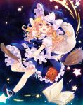  book braid broom broom_riding flying hand_on_hat hat kirisame_marisa long_hair night open_mouth shinia shirt skirt skirt_set smile star star_(sky) touhou witch witch_hat 