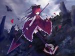 bow dzc23 hair_bow highres kyubey kyuubee long_hair magical_girl mahou_shoujo_madoka_magica polearm ponytail red_eyes red_hair redhead sakura_kyouko solo spear stepped_on sword weapon 