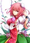  asya bandage bandages breasts bun_cover bust chain chains chinese_clothes double_bun flower hair_bun highres ibara_kasen ibaraki_kasen large_breasts light_smile pink_eyes pink_hair pink_rose rose shackle short_hair short_sleeves simple_background solo touhou 