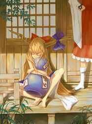  anger_vein barefoot blonde_hair bow cheek_squash closed_eyes colored_eyelashes eyes_closed footwear gourd hair_bow hakurei_reimu highres horns hug ibuki_suika kong_xian long_hair multiple_girls object_hug orange_hair oversized_object porch sleeping socks touhou veranda very_long_hair white_legwear 