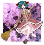  :d alphes_(style) animal_ears bamboo_broom bobby_socks broom dress floral_background flower footwear green_eyes green_hair jyuri_otoko kasodani_kyouko loafers open_mouth parody petals revised revision shoes short_hair smile socks solo style_parody touhou 