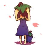  1girl barefoot blush blush_stickers cherrim cosplay dress female hair hair_over_eyes hands_on_head hat hitec human moemon personification pokemon pokemon_(creature) pokemon_(game) pokemon_dppt purple_hair short_hair sleeveless trembling wavy_mouth 