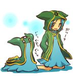  1girl blush_stickers cosplay dress gastrodon hair hands_in_pockets hitec hoodie human jacket kneeling male moemon open_mouth personification pokemon pokemon_(creature) pokemon_(game) pokemon_dppt short_hair smile translation_request 