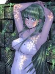  armpits arms_behind_head dress erect_nipples green_eyes green_hair higurashi_no_naku_koro_ni long_hair solo sonozaki_shion wall zenkou 