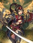  armor army arrow banner battle black_gloves breasts brown_hair cleavage full_armor gloves green_eyes headband helm helmet highres kabuto kasen_(kasenjiki) katana kote kusazuri long_hair mask nobori open_mouth ponytail samurai samurai_armor sengoku_taisen sode sword thighhighs tsuruhime war weapon 